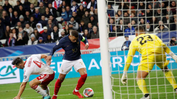 Kylian Mbappe pictured (center) during France's 14-0 win over Gibraltar in November 2023